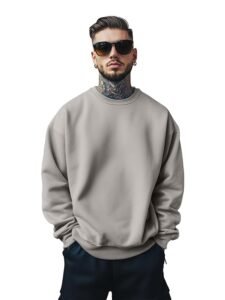 Veirdo Cotton Poly Fleece Oversized Fit Full Sleeves Ribbed Solid Crew Neck Sweatshirt for Men